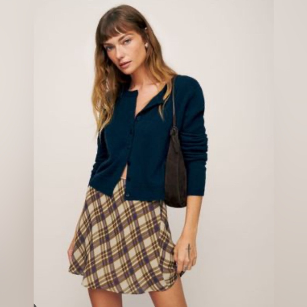 Reformation Brandy Beige Plaid Mini Skirt.